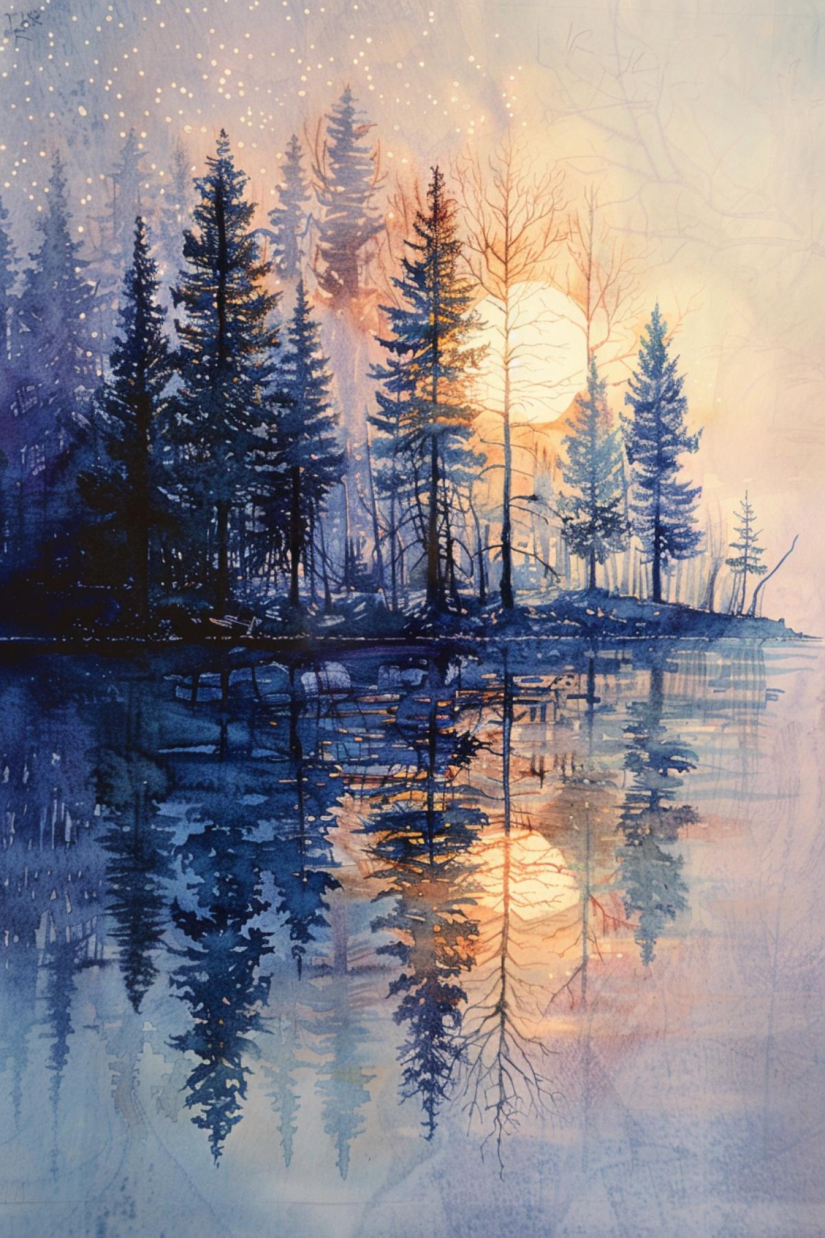 Nebuffc Reflection. Watercolor, new year, fine drawing, beautiful landscape, pixel graphics, lots of details, delicate luxuriousity, realistic, high quality, artwork, hyper-detailed, professional, filigree, misty haze, hyper-realism, professional, transparent, delicate pastel colors, backlit, contrast, fantastic, nature+cosmos, Milky Way, fabulous, unreal, , luminous, clear lines