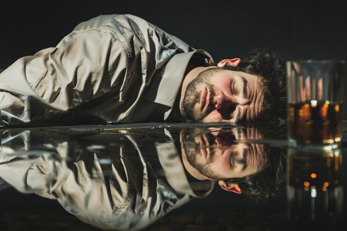 A drunk man lies, his reflection in the water