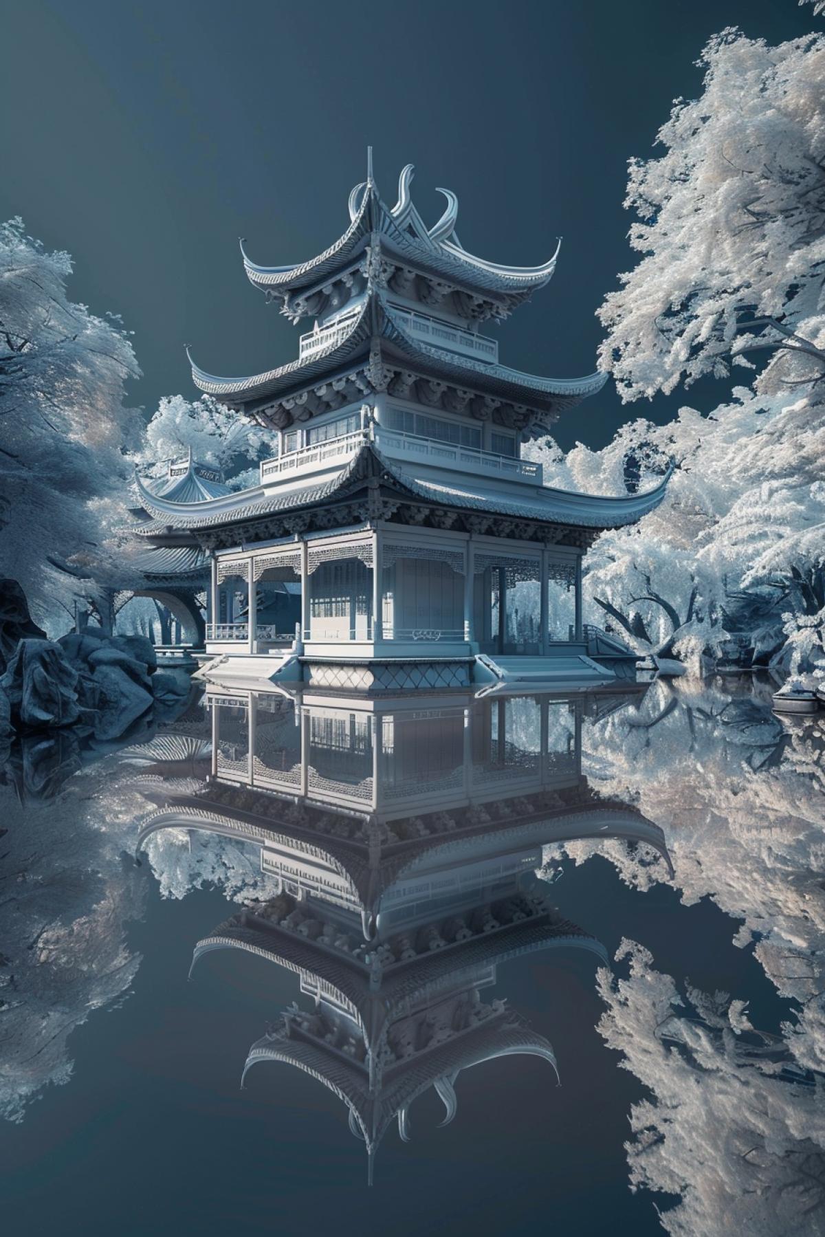 three dimensional renderings of a temple with reflective liquid water, in the style of meiji art, dark cyan, photobashing, song dynasty, luminous portraits, national geographic photo,