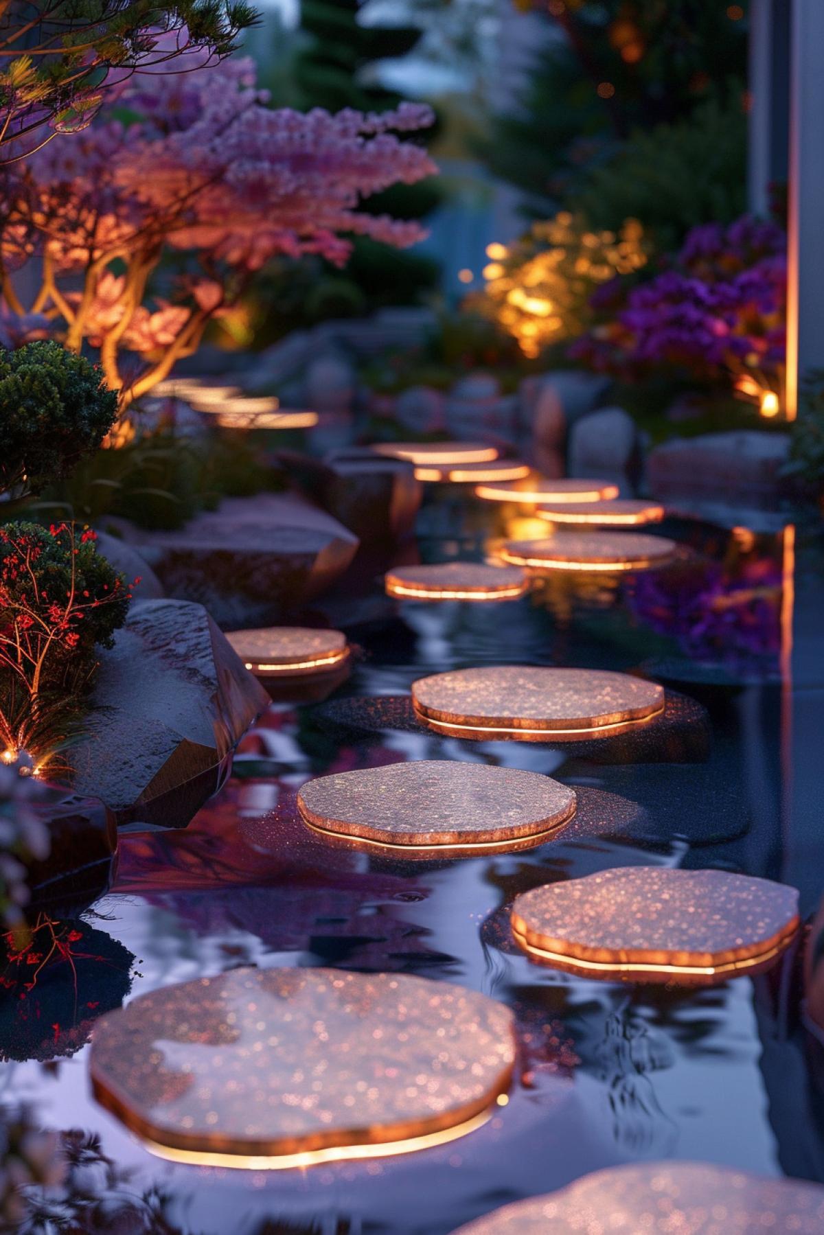 Beautiful shallow japanese watergarden with illuminated biomorphic spectral stepping stones, luminous flowers, minimalism, ethereal light, raytraced water reflections