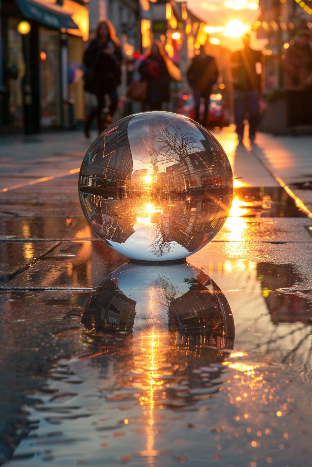 reflection in water, ball, street bright light from the side