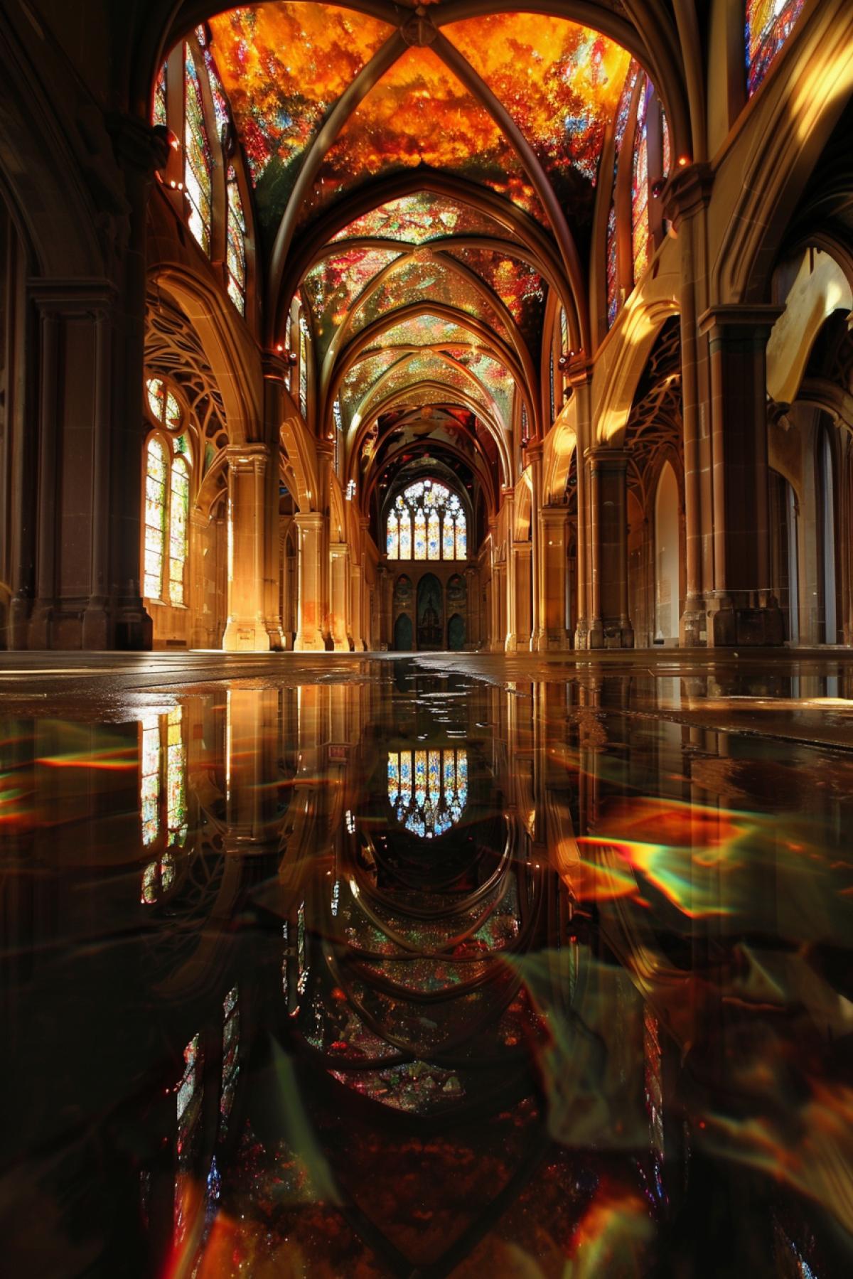 Reflection in water, space, gothic style, bright and rich colors