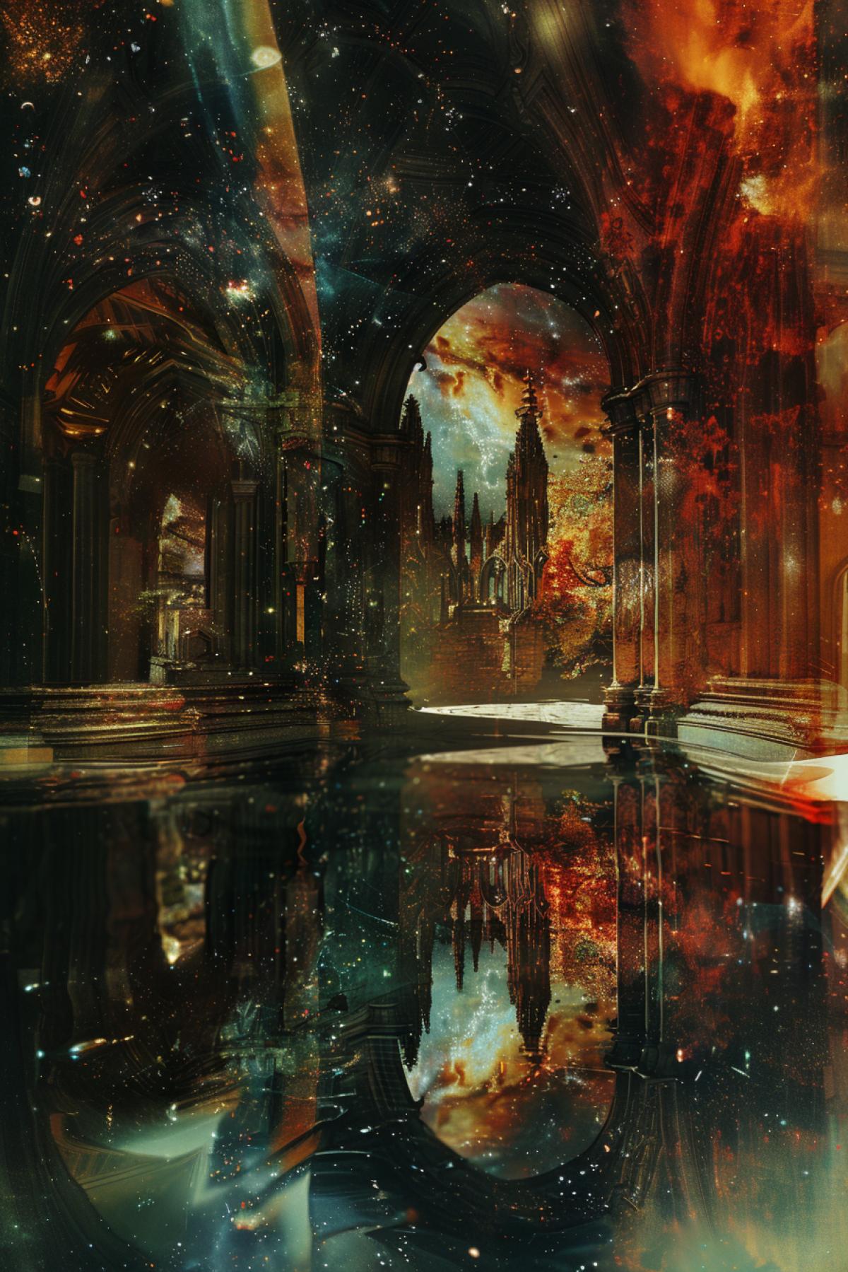 Reflection in water, space, gothic style, bright and rich colors