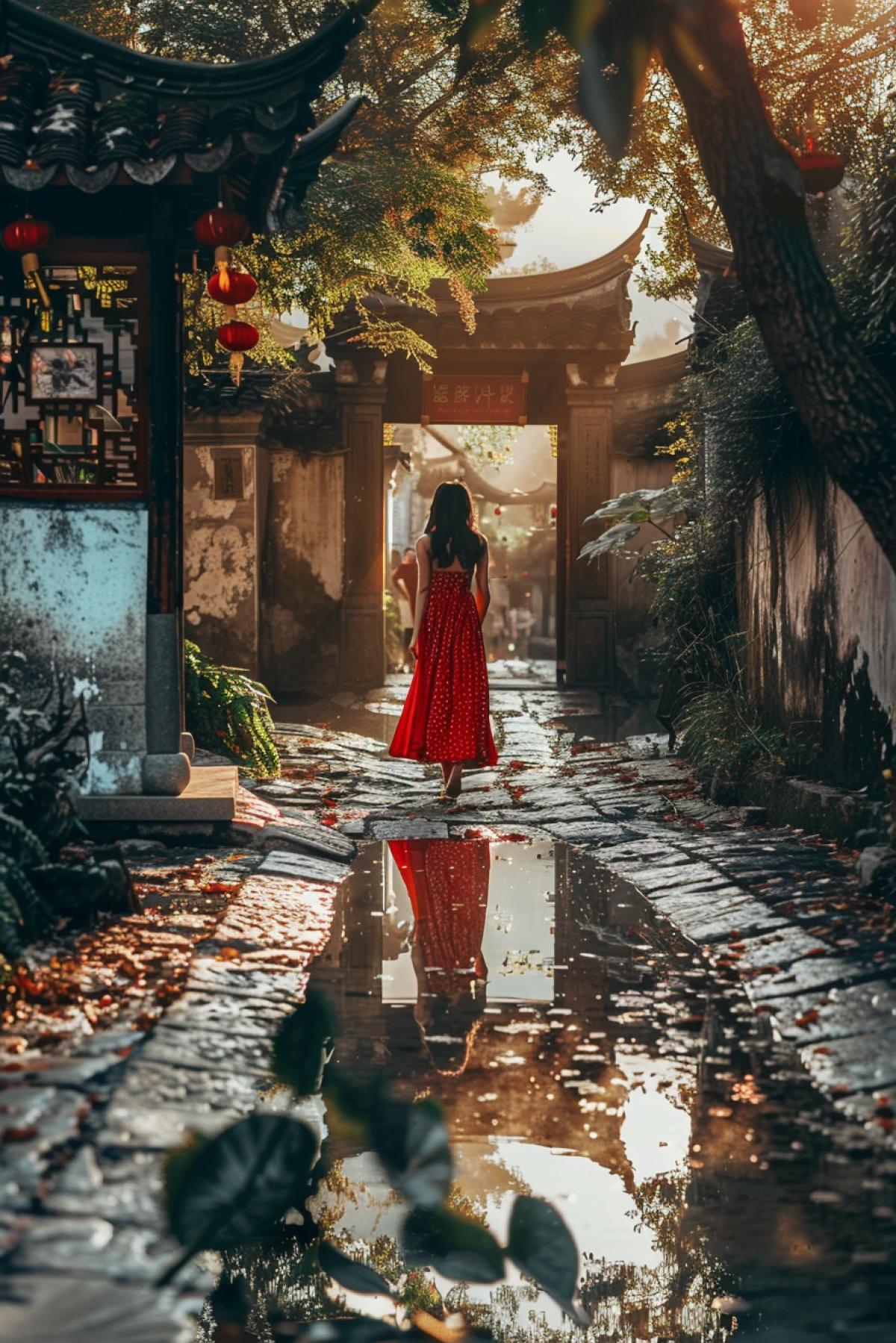 A reflection of woman in a flowy red dress strolls a cobblestone path in a picturesque oriental garden