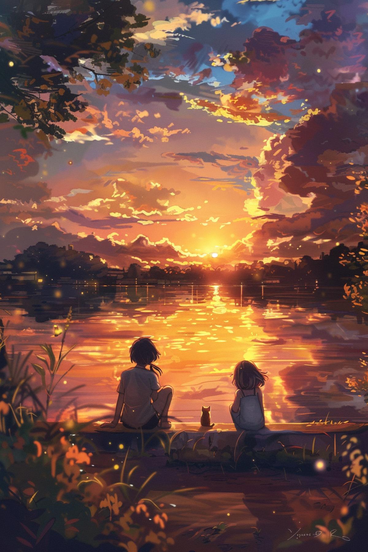 Sunset on the Gallery Illustrate Mademoiselle Lenormant and her friend sitting on the gallery, enjoying the mild sunset, Include a depiction of the clear air, rosy clouds, and the smooth river reflecting the colors, Show Little Gabrielle in a corner, reading a book, with Minette the kitten beside her.