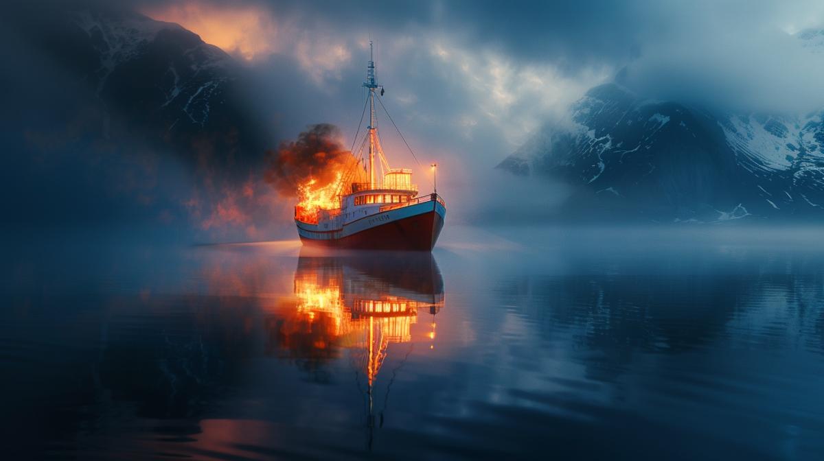 Reflection photography, outstanding supernatural beauty top down shot of a ship in flames on a lake, a thick mist rises from the waters, beautiful reflections, breathtaking Nordic landscape, tilt-shift lens, award-winning landscape photography, tilt angle perspective, epic and dramatic atmosphere, cold winter light, first light of the sunset, smooth, hyper-detailed, beautifully color-coded, photorealistic, intense shading, clean sharp focus, dynamic angle, dynamic com4k, blurred background