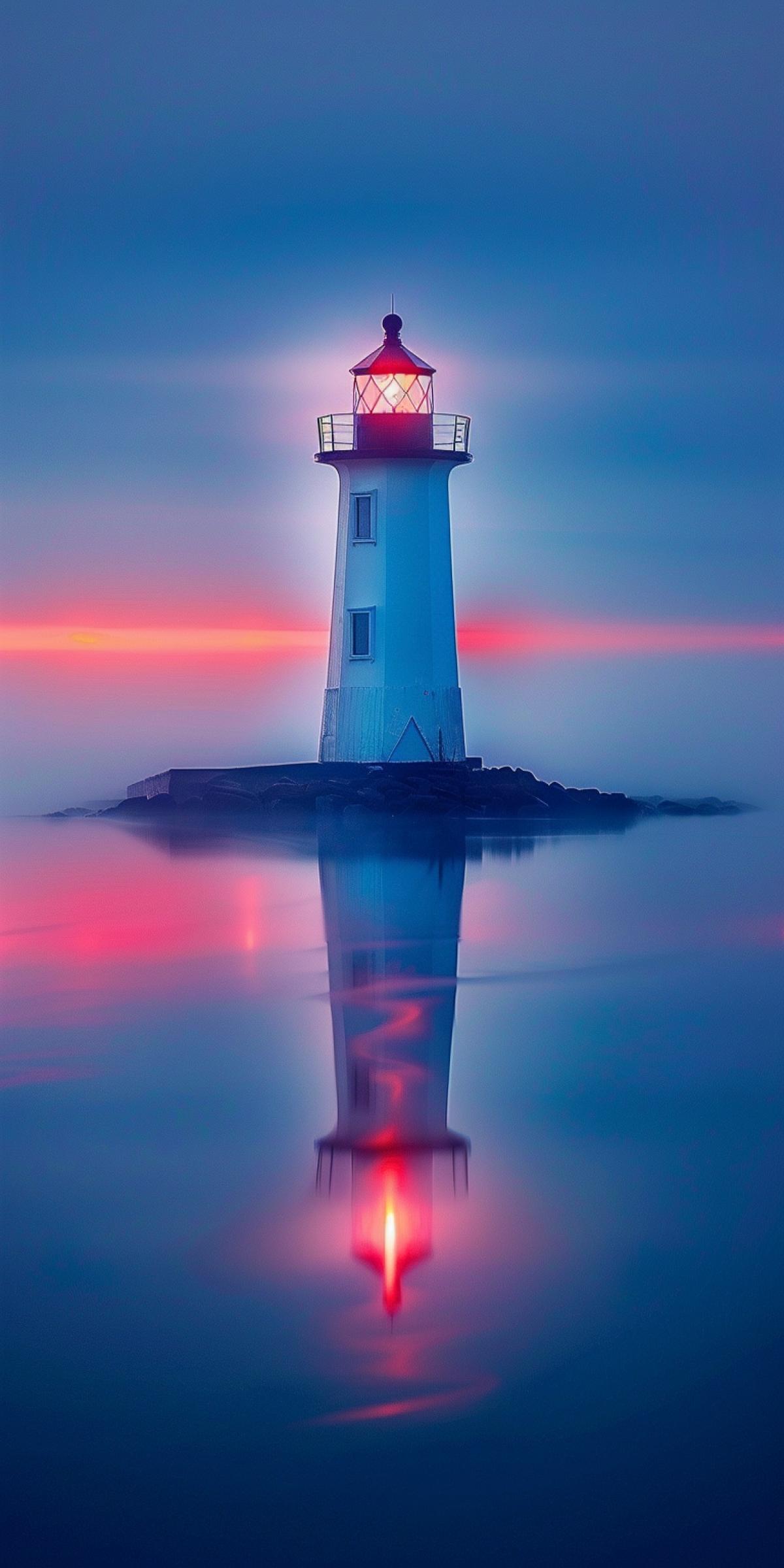 Reflection photography, outstanding supernatural beauty top down shot of a lighthouse with bright fire on a sea, beautiful reflections, breathtaking Nordic landscape, tilt-shift lens, award-winning landscape photography, tilt angle perspective, epic and dramatic atmosphere, cold winter light, first light of the sunset, smooth, hyper-detailed, beautifully color-coded, photorealistic, intense shading, clean sharp focus, dynamic angle, dynamic com4k, blurred background