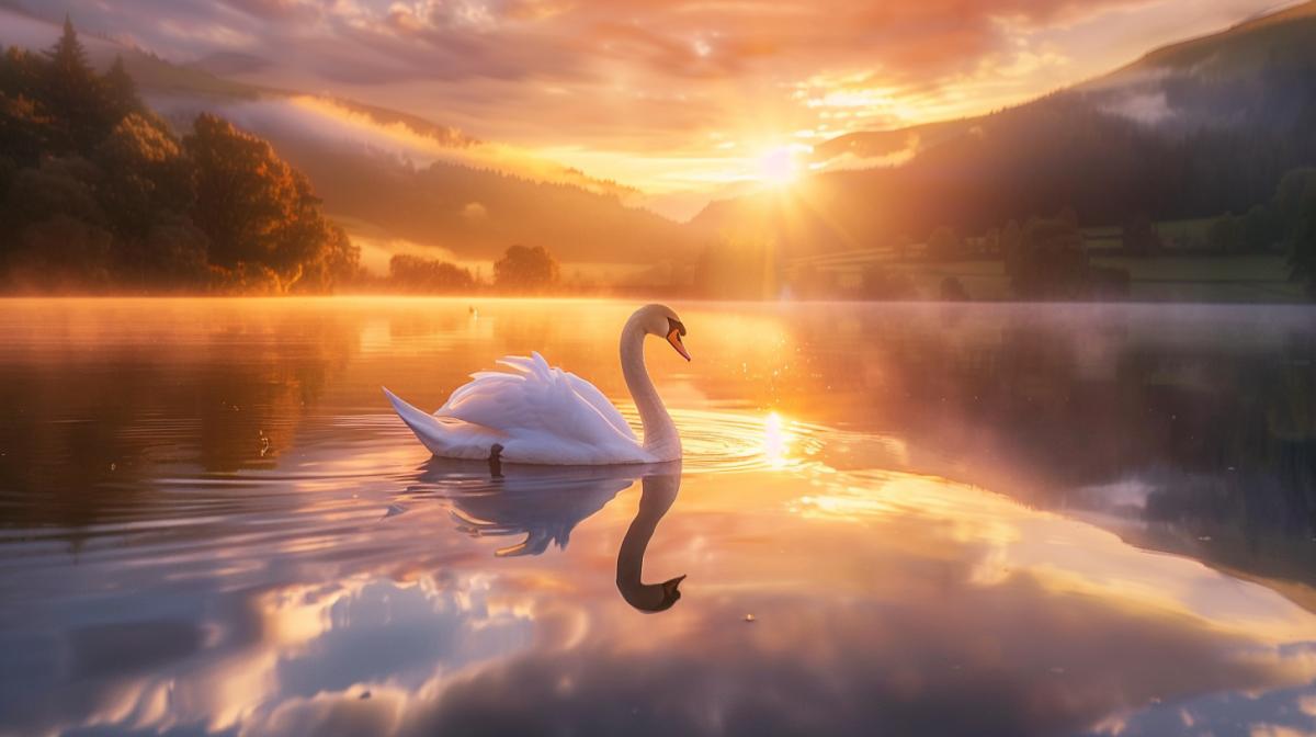 Reflection photography, outstanding supernatural beauty shot of a swan on a lake, beautiful reflections, breathtaking landscape, tilt-shift lens, award-winning landscape photography, tilt angle perspective, dramatic atmosphere, first light of the sunset, hyper-detailed, beautifully color-coded, photorealistic, intense shading, clean sharp focus, dynamic angle, dynamic com4k