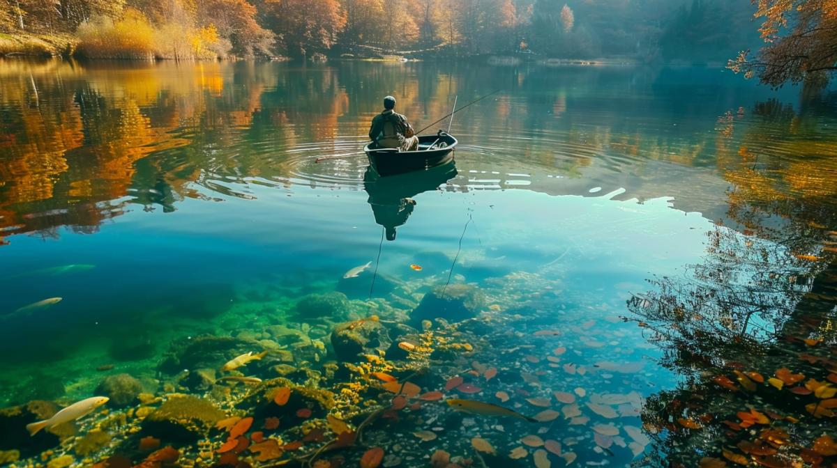 Reflection photography, a fisherman with a fishing rod in a boat looks at his highly detailed reflection in the crystal clear water of the lake, you can see how fish swim under the water, beautiful landscape, breathtaking nature