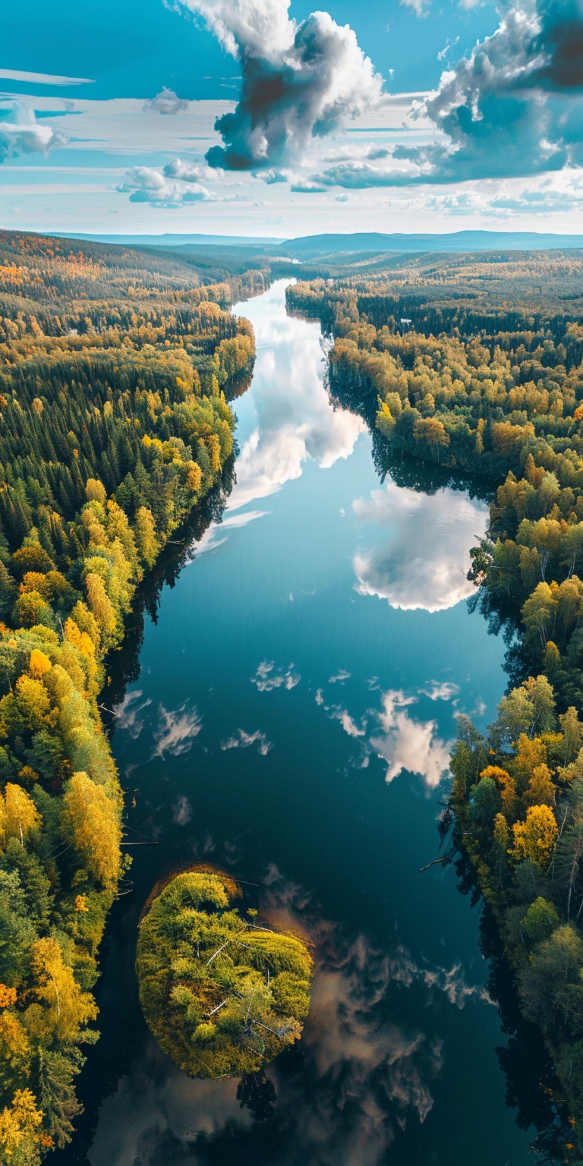 Reflection photography, aerial photo view, breathtaking shot, wide river, forest along the banks, beautiful reflection of the sky in the water, amazing northern landscape
