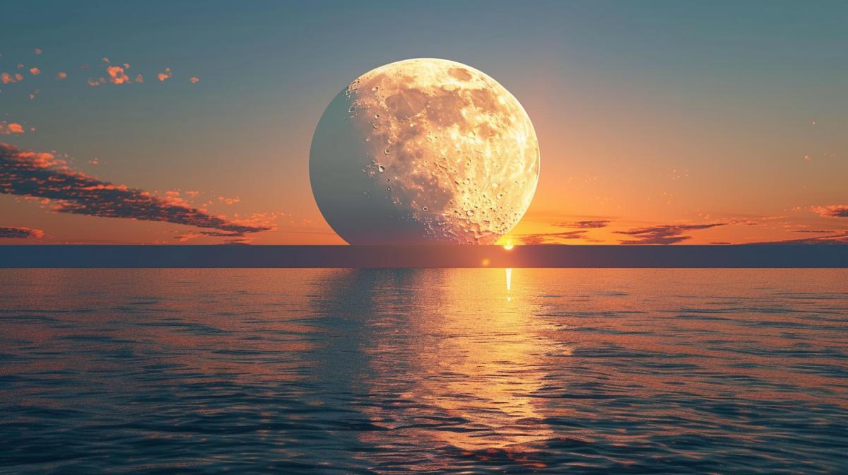 Reflection in the water, huge moon setting over the horizon and reflected in the ocean, breathtaking shot, highly detailed