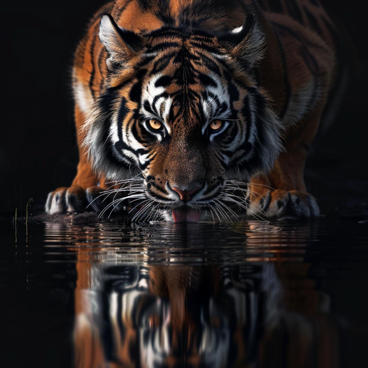 Reflection photography, Kitten drinking water on the lake shore, tiger in the water reflection, predatory look, rich colors, frontal shot, breathtaking dynamic scene, highly detailed, photorealistic, octane rendering
