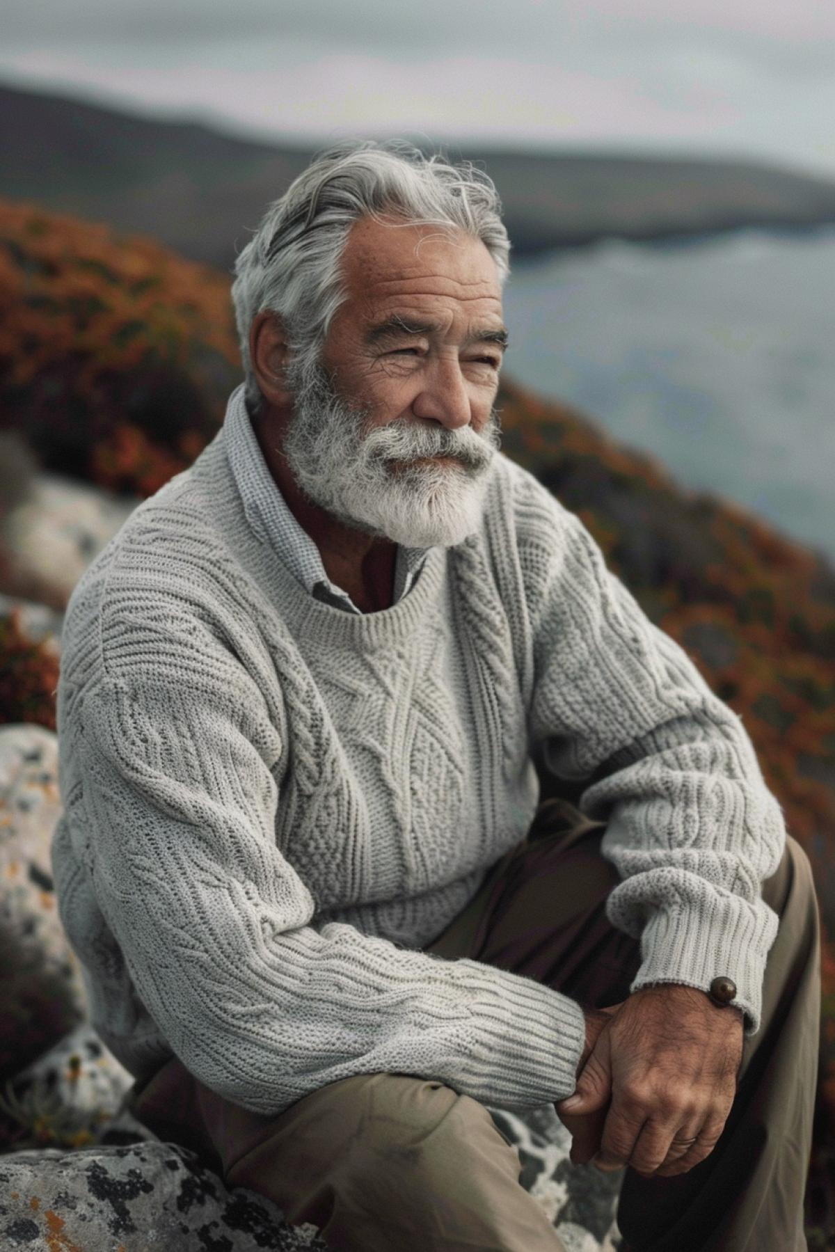 Ernest Hemingway wearing beard and sweater grey hair smart look posing to photographer cool cool view