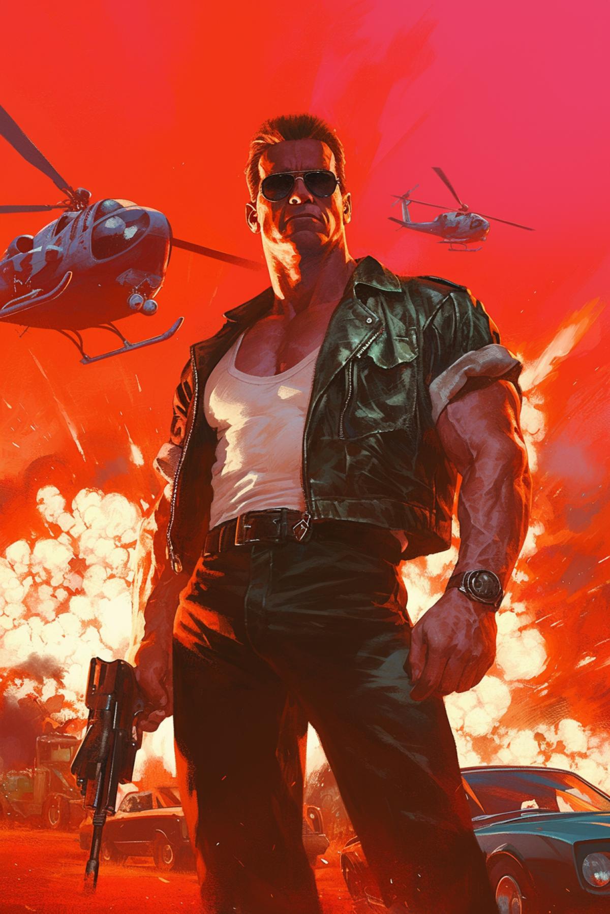 cool guy, background car explosion, aviator glasses, Arnold Schwarzenegger, 80s action movie image style, helicopters, machine guns, weapons, action, 80s action movie poster, pathos, by Terry Dodson