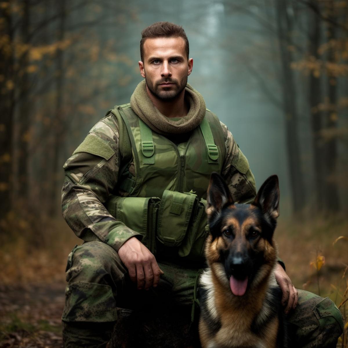 a macho body soldier russian in camo with a dog, photo-realistic