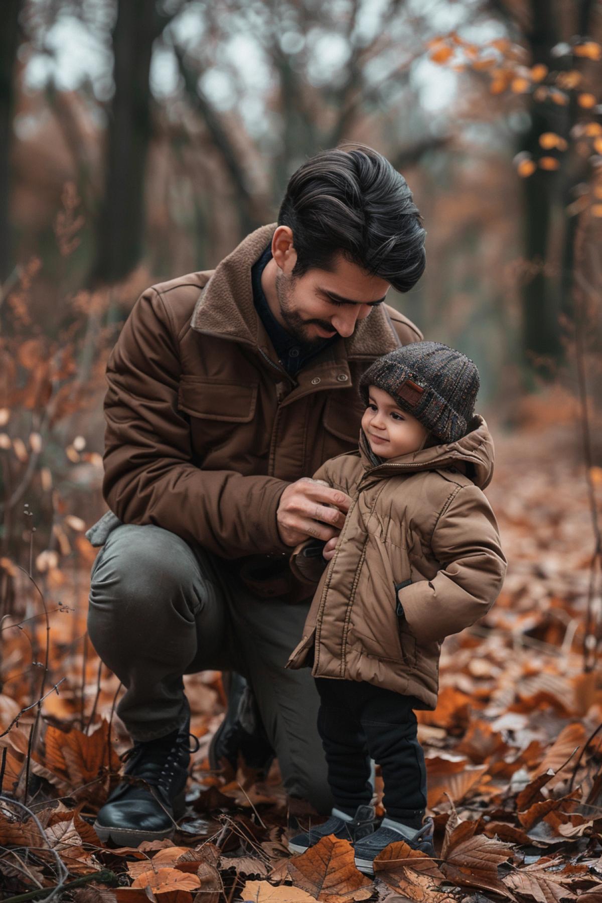 Man dressing his little son for a walk, masculinity