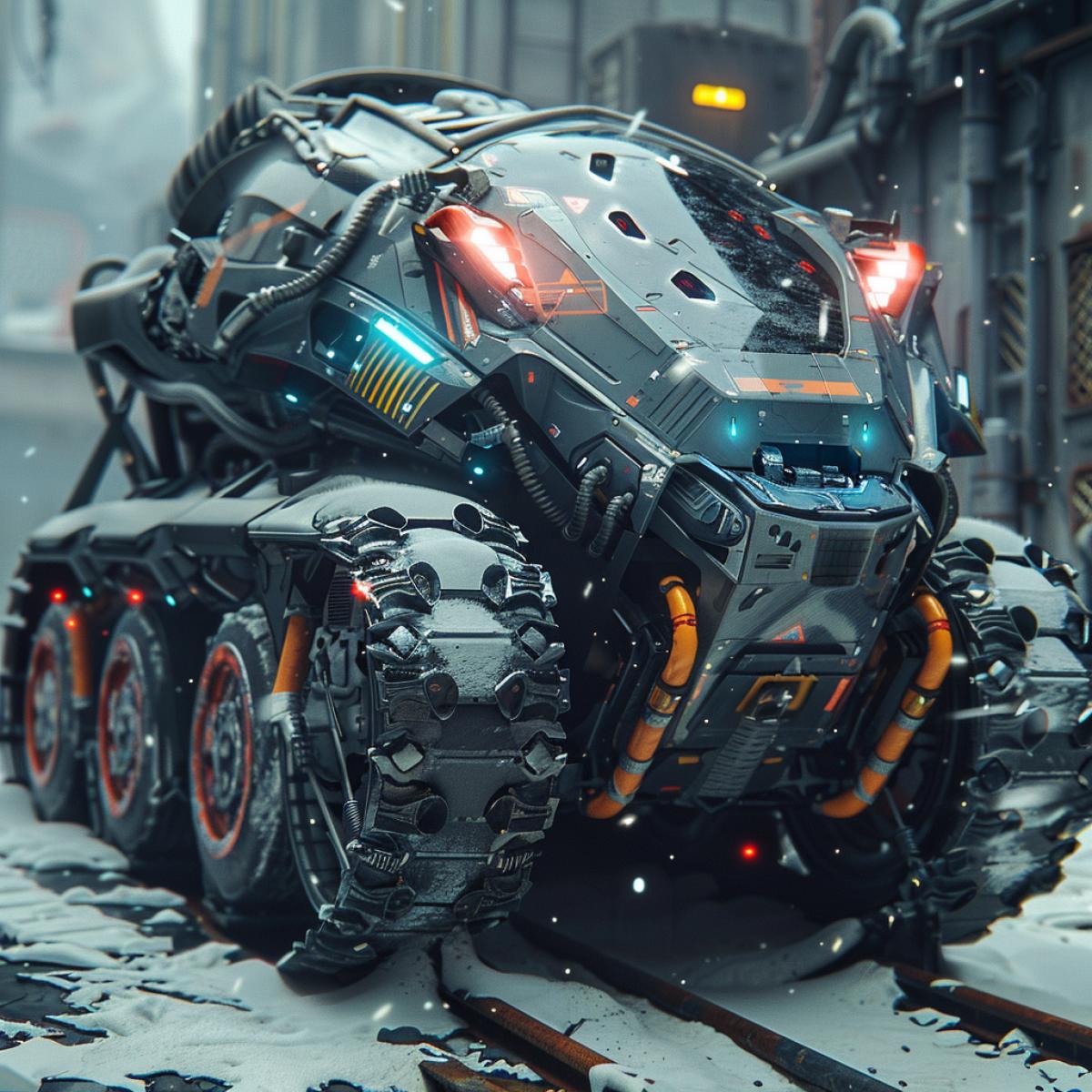 a sci fi new highspeed tracked large vehicle, in the style of realistic and hyper-detailed renderings, ghost html5 game wallpaper, ghost wallpaper, in the style of 32k uhd, realistic hyper-detailed portraits, kawacy, natalia rak, industrial futurism, suburban ennui capturer, close up