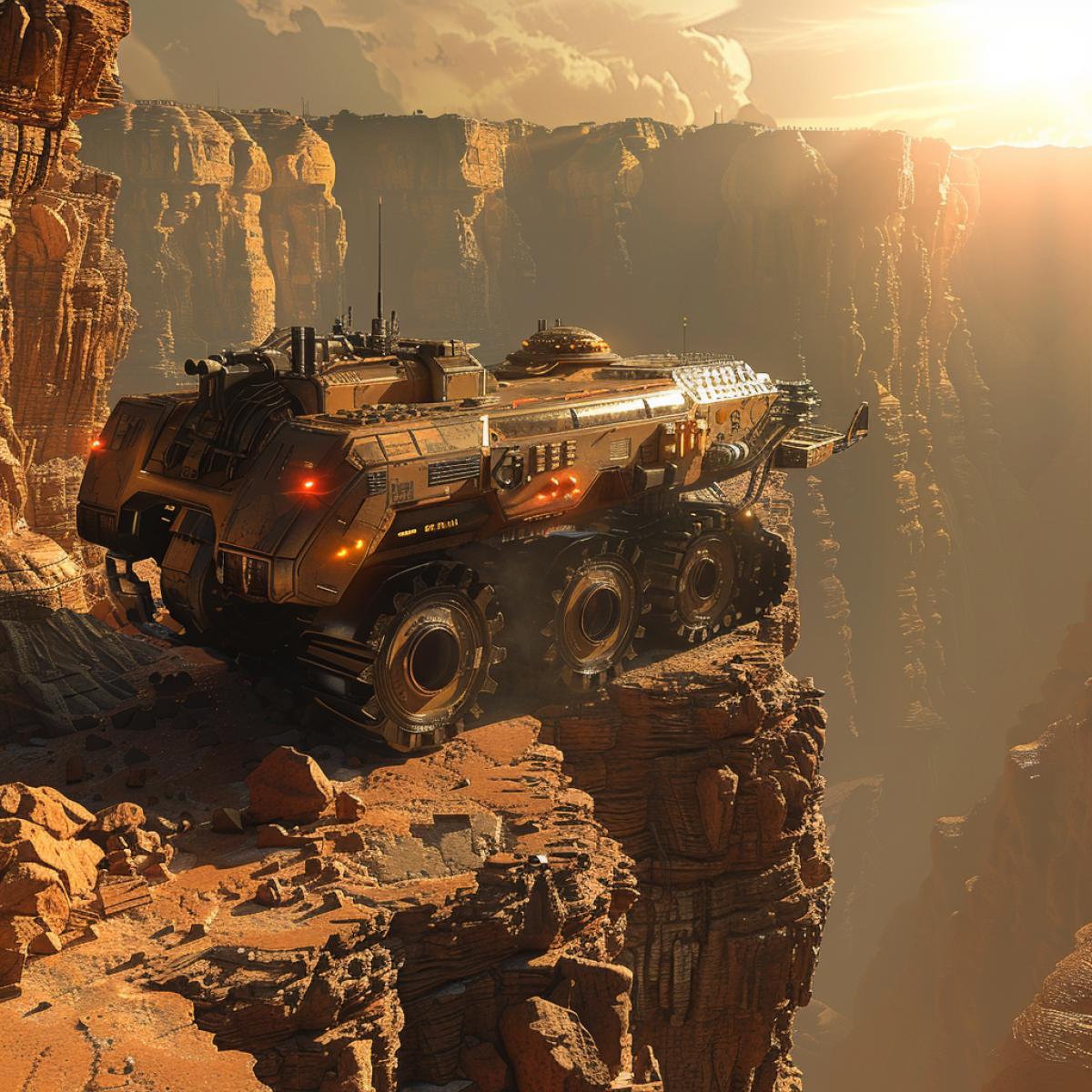 a sci fi new highspeed tracked large vehicle on the alien terrain with sun, large canyons and rock formations, in the style of realistic and hyper-detailed renderings, ghost html5 game wallpaper, ghost wallpaper, in the style of 32k uhd, realistic hyper-detailed portraits, kawacy, natalia rak, industrial futurism, suburban ennui capturer, close up