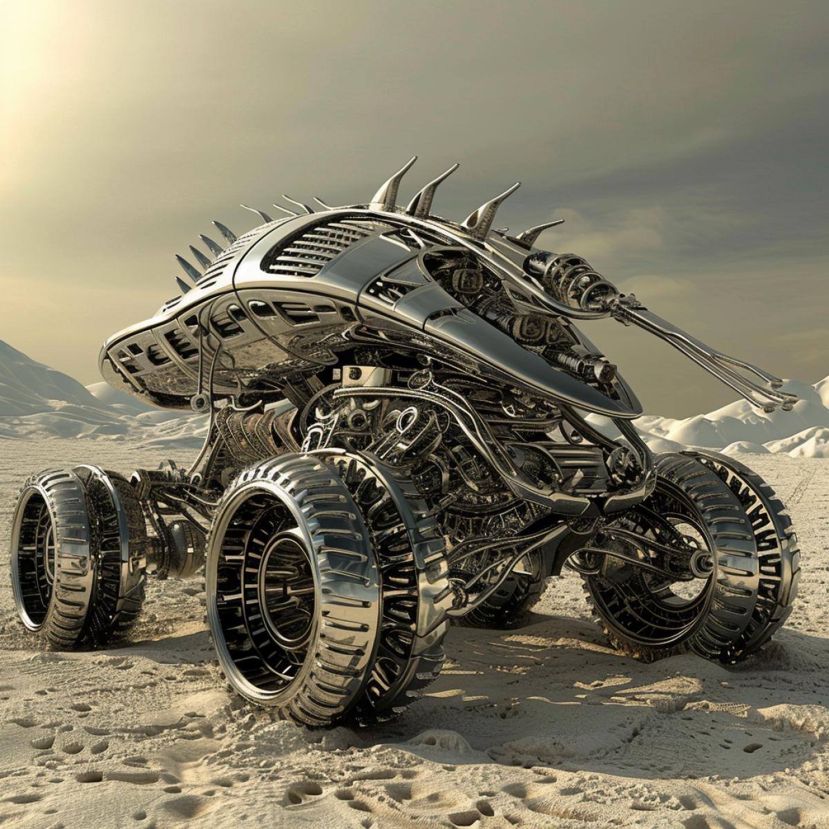 All-terrain vehicle in the style of Giger