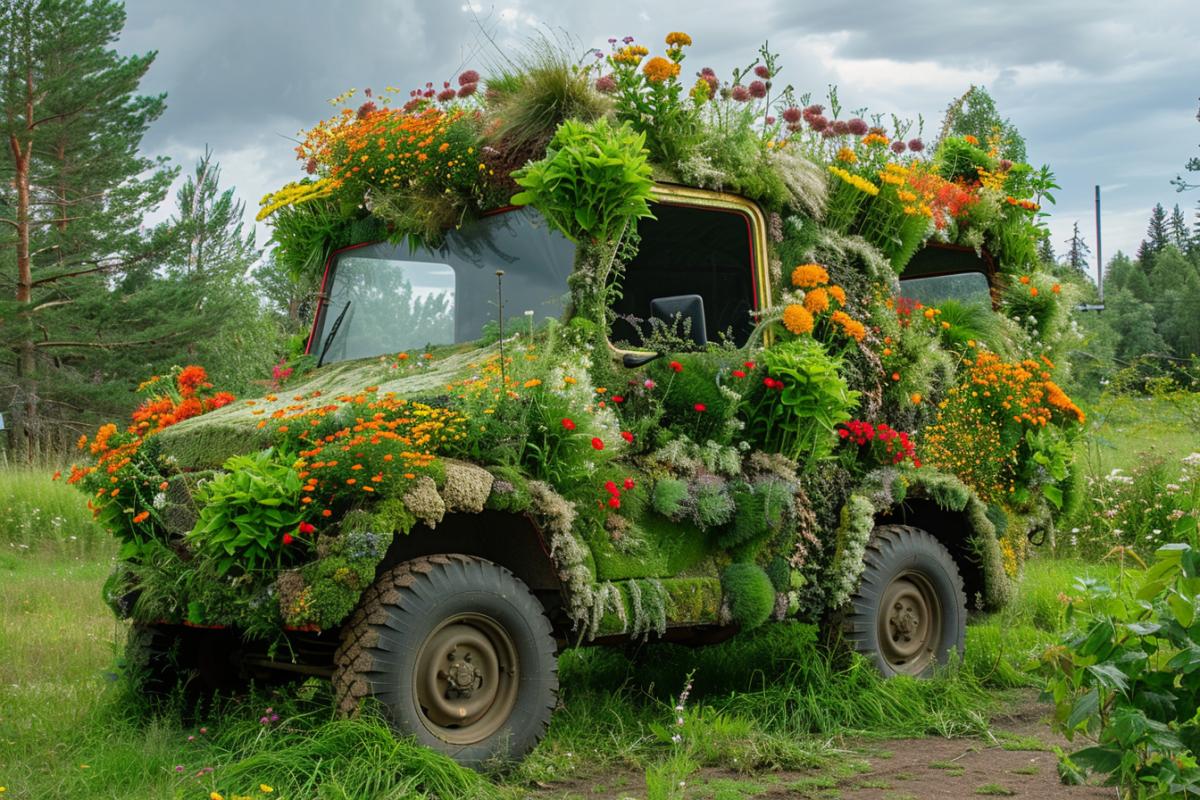 All-terrain vehicle made from grass and flowers