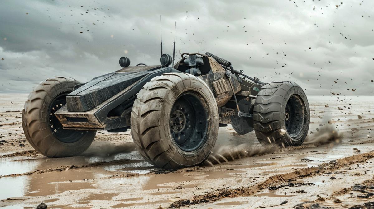 Stunning fantastic all-terrain vehicle conquering sands, stones and impassable swamps