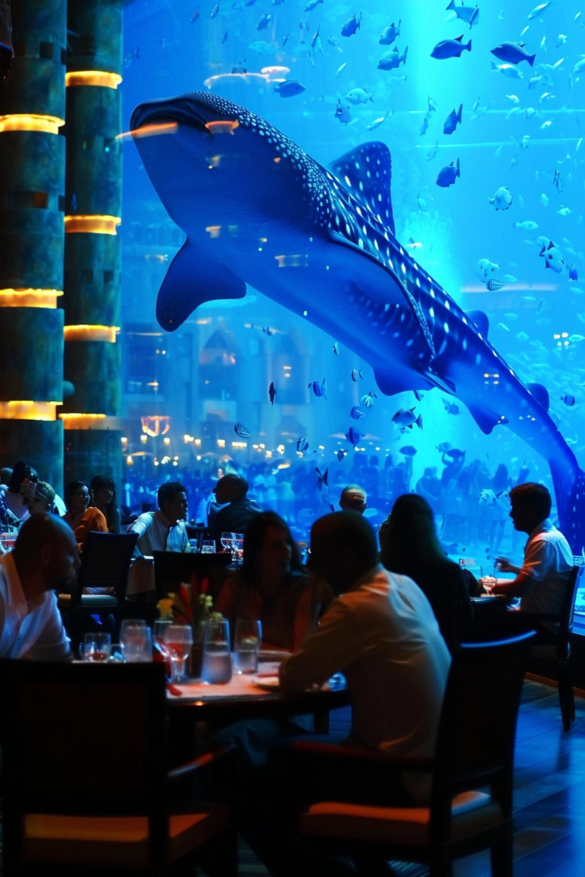 Strange huge aquarium in a strange interior, rich