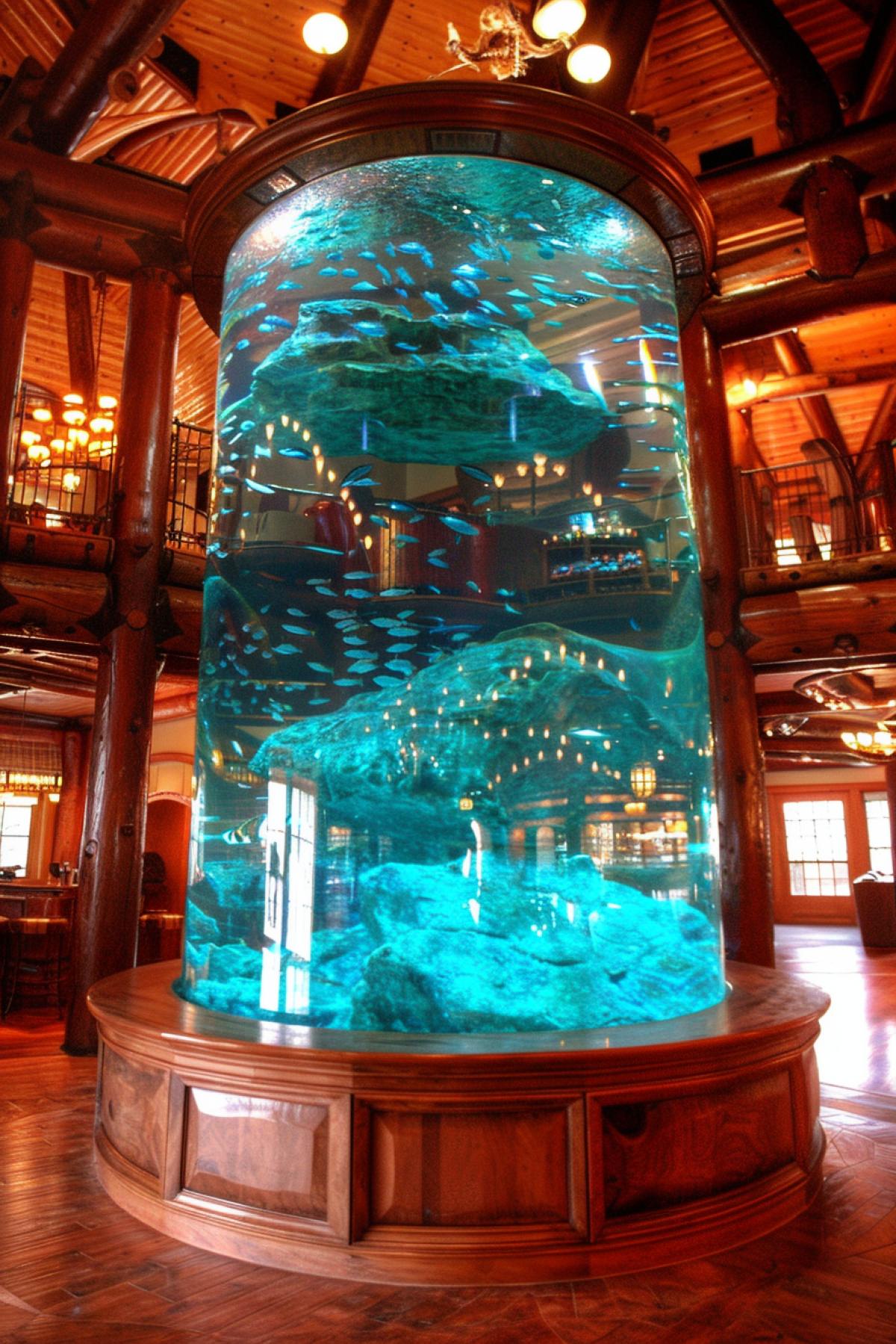 Strange huge aquarium in a strange interior, rich