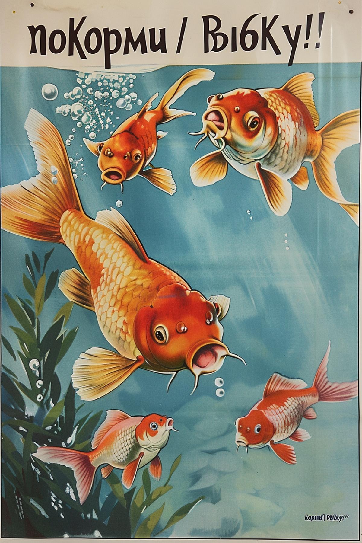 1960-s poster with fish in aquarium words \"noKopMu\" \"PbI6Ky!\"