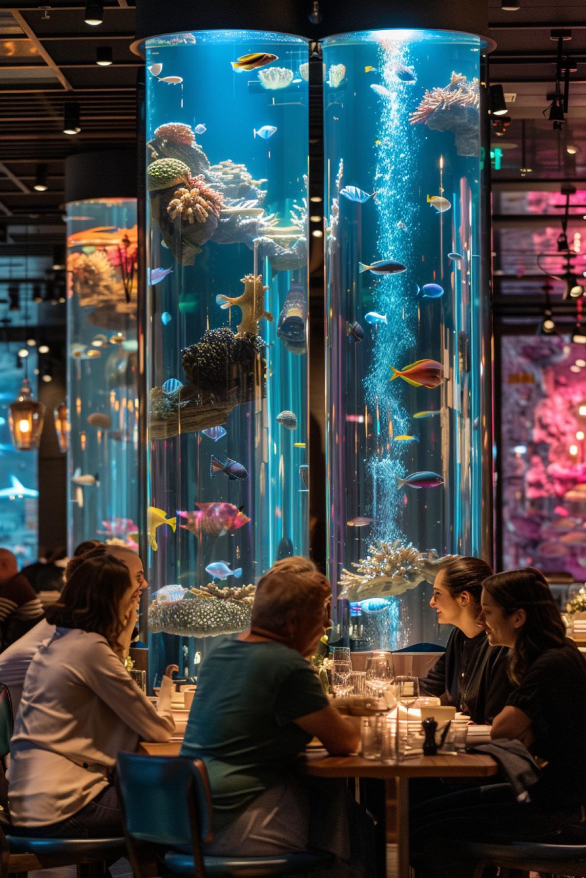 Interior of luxury three Micheline star restaurant one wall is inserted bizarre aquarium of several cylinder glass elements side-by-side equipped with hidden multicolour neon lighting happy guests at tables interior and design review professional photo general view short focus lense