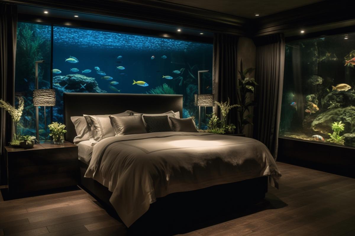 A bedroom with aquariums instead of floor, walls and ceiling, a chic double bed, silk bed linen, twilight, soft lighting of aquariums with beautiful fish and plants