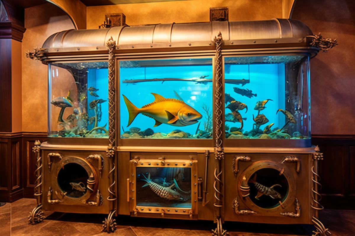 Aquarium in steampunk style with sharks, kitchen interior