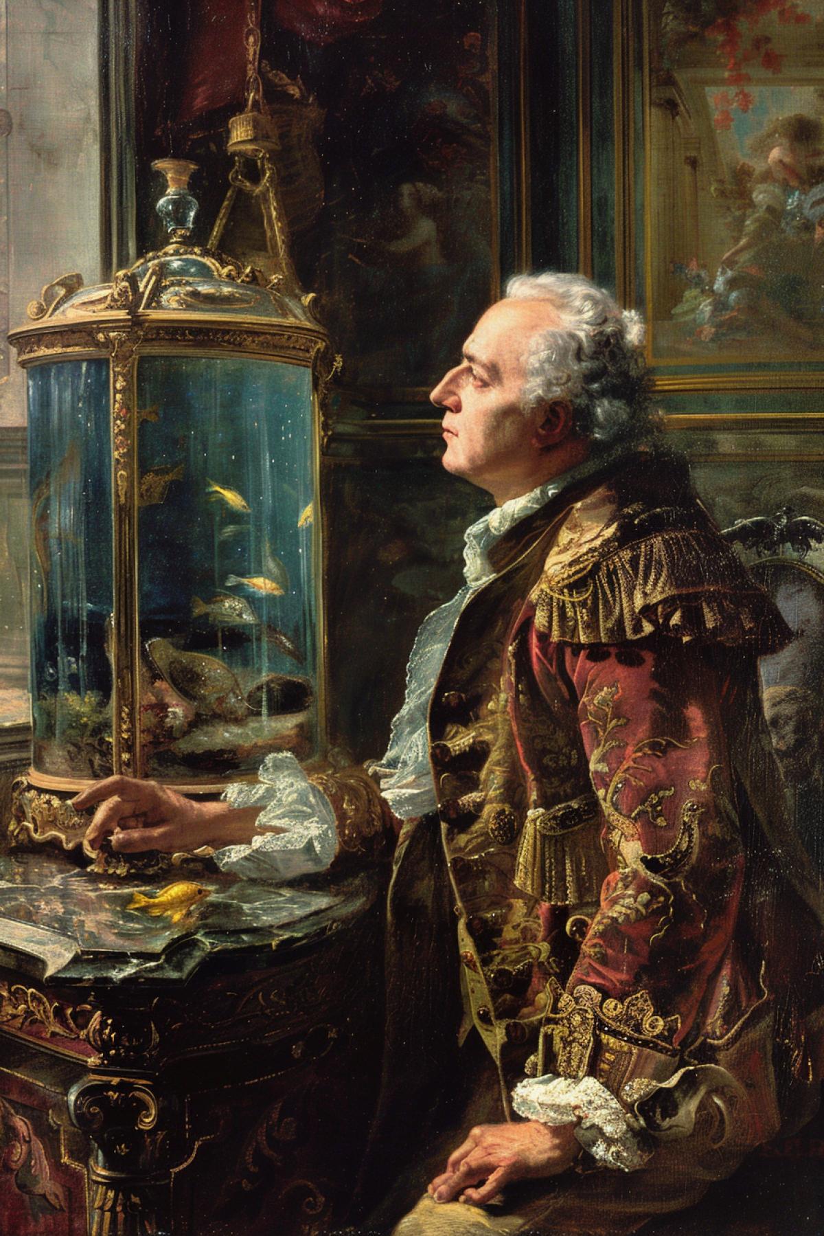 King Louis the thirteenth taking with the fish in aquarium in his baroque bedroom Gainsborough art oil canvas