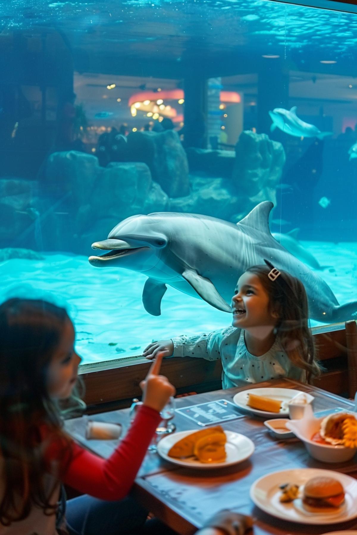 Fast Food café with big window into underwater pool with dolphin in their happy children smiling