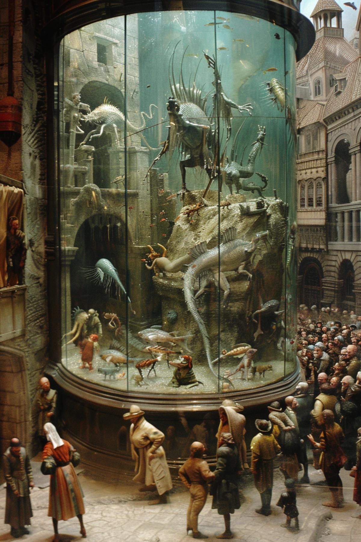 Medieval people city square gathered around staring big glass aquarium full of bizarre monstrous aggressive fish Hieronymus Bosch art
