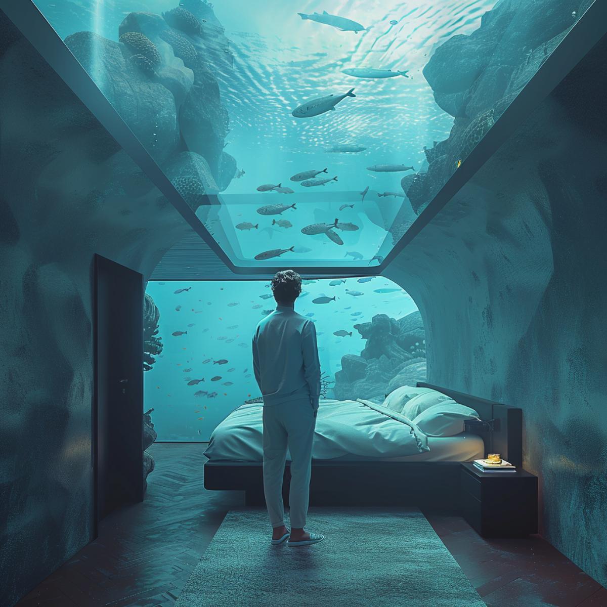 a beautiful man in the underwater bedroom looking on fishes, in the style of iconic, azure, light sky-blue and dark gray, elongated, sustainable architecture, exotic landscapes, wes anderson