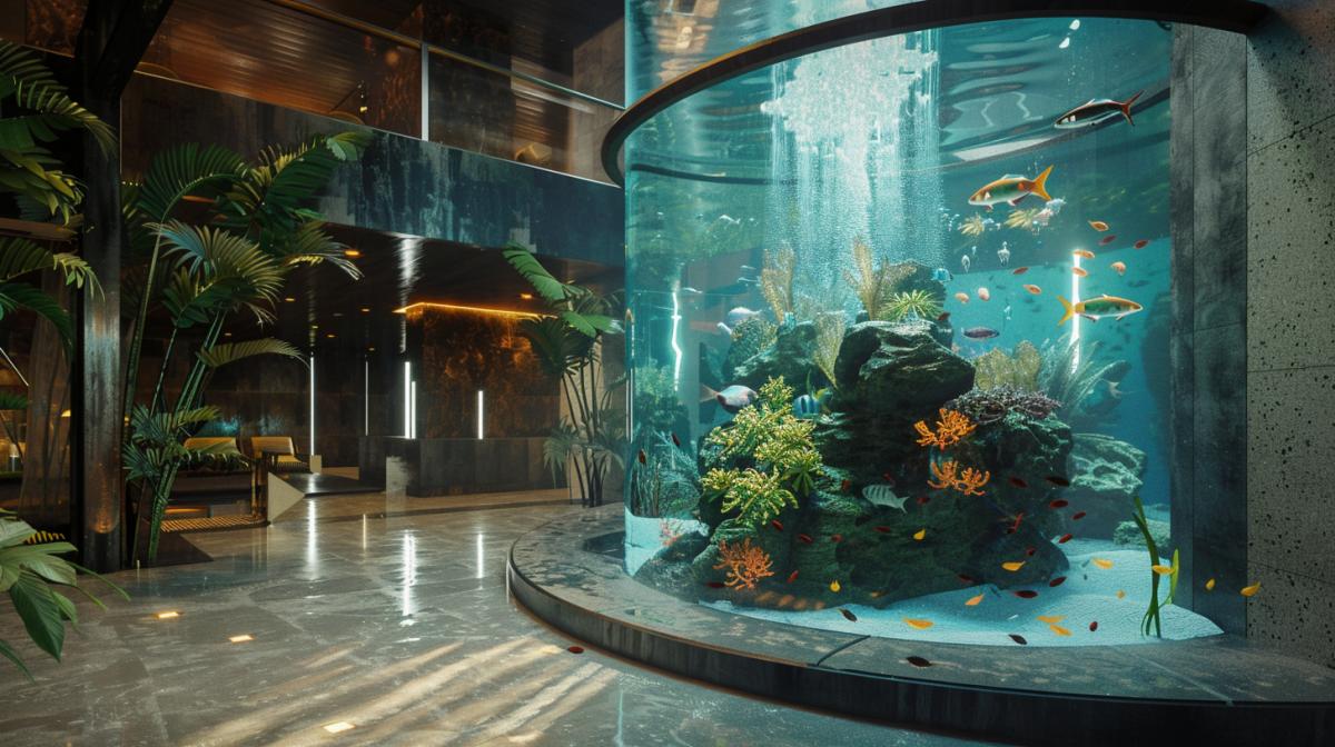 An aquarium of breathtaking beauty in the interior of a designer apartment
