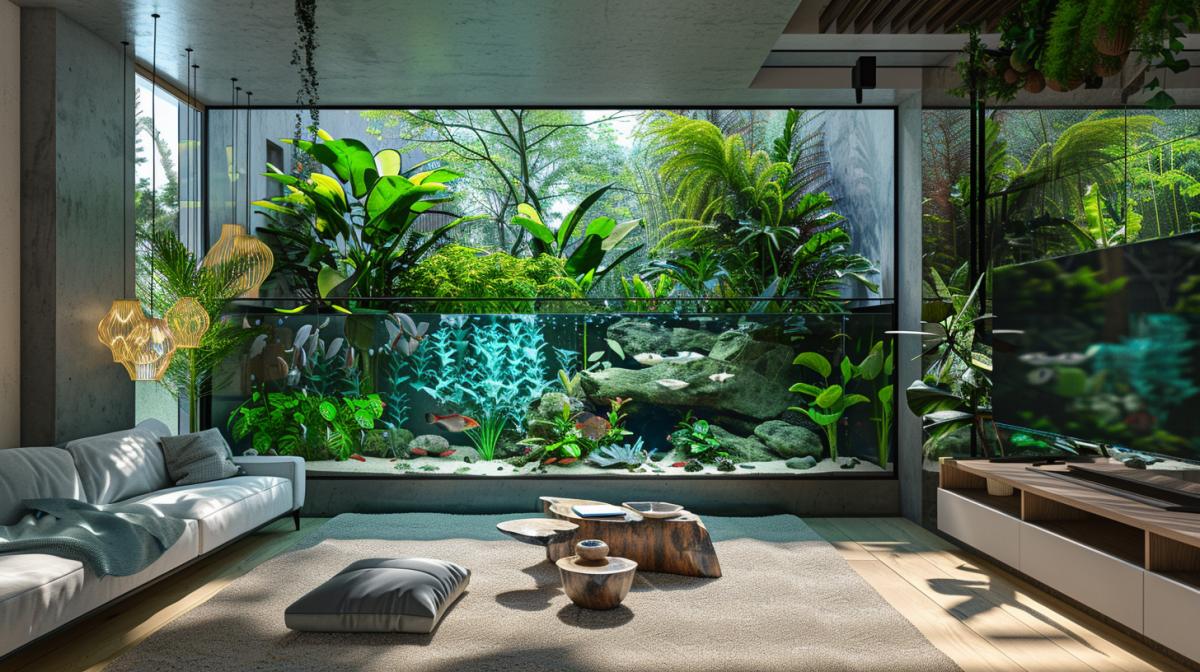 An aquarium of breathtaking beauty in the interior of a designer apartment