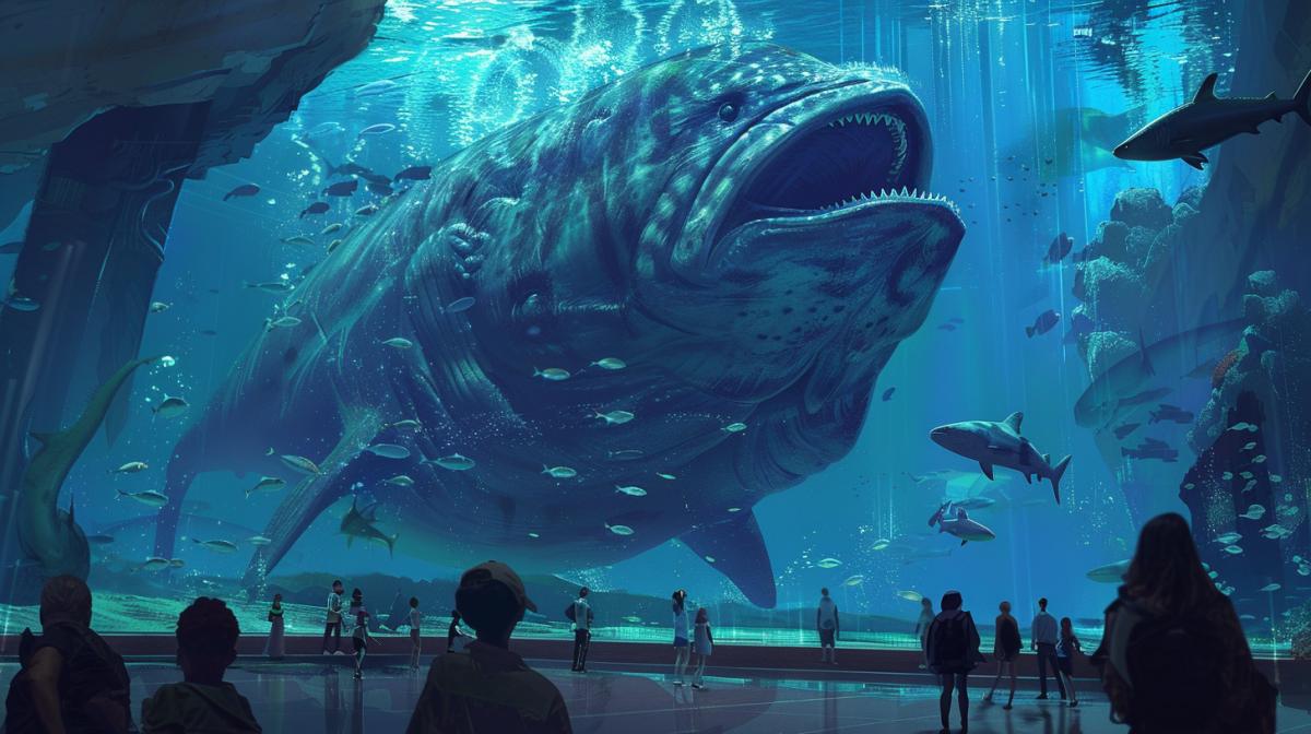A huge underwater aquarium has a huge creepy fish swimming in the aquarium, people are watching from the outside, high quality, good detail, 4K