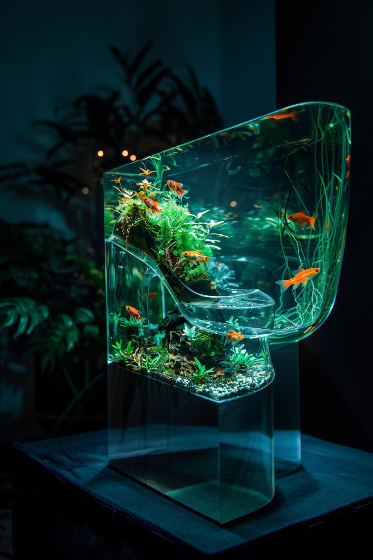 aquarium in the shape of a shoe. small very beautiful fish, rich colors. aesthetics