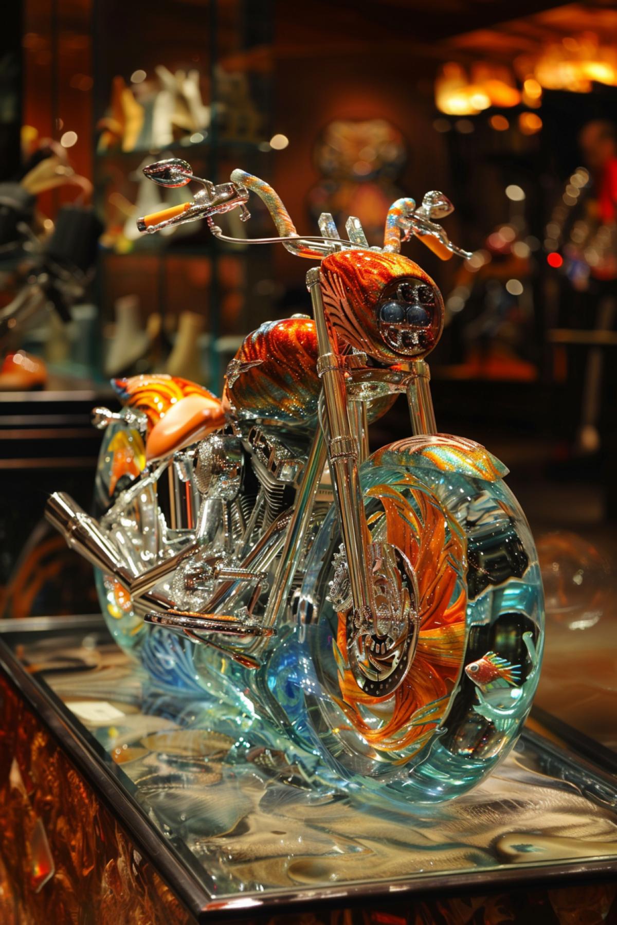 aquarium in the shape of a Harley-Davidson motorcycle, Glamour, aesthetics, luxury, rich colors