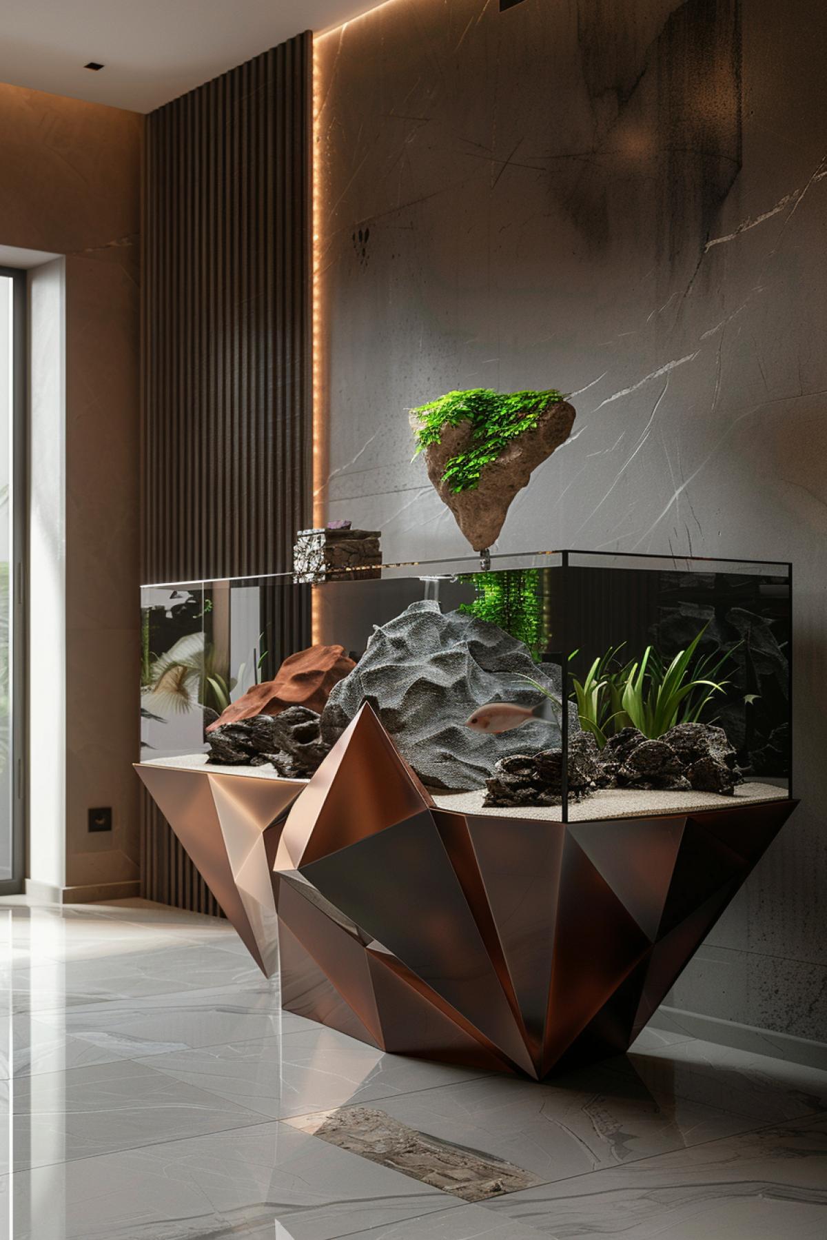 aquarium in the form of a geometric figure, interior decor, Glamour, luxury, rich colors, 3D image