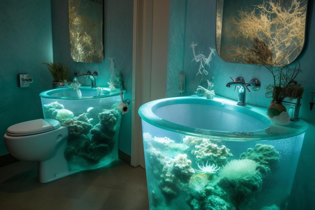Transparent Bathroom Sink and a toilet in the form of air aquariums with small fish and algae, the walls and floor of the bathroom are covered with milky tiles with a pattern of air bubbles and starfish, urchins and octopuses