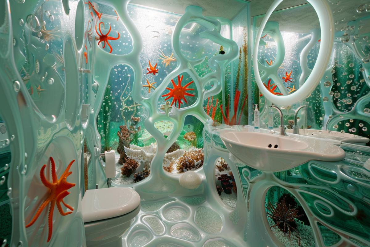 Transparent Bathroom Sink and a toilet in the form of air aquariums with small fish and algae, the walls and floor of the bathroom are covered with milky tiles with a pattern of air bubbles and starfish, urchins and octopuses