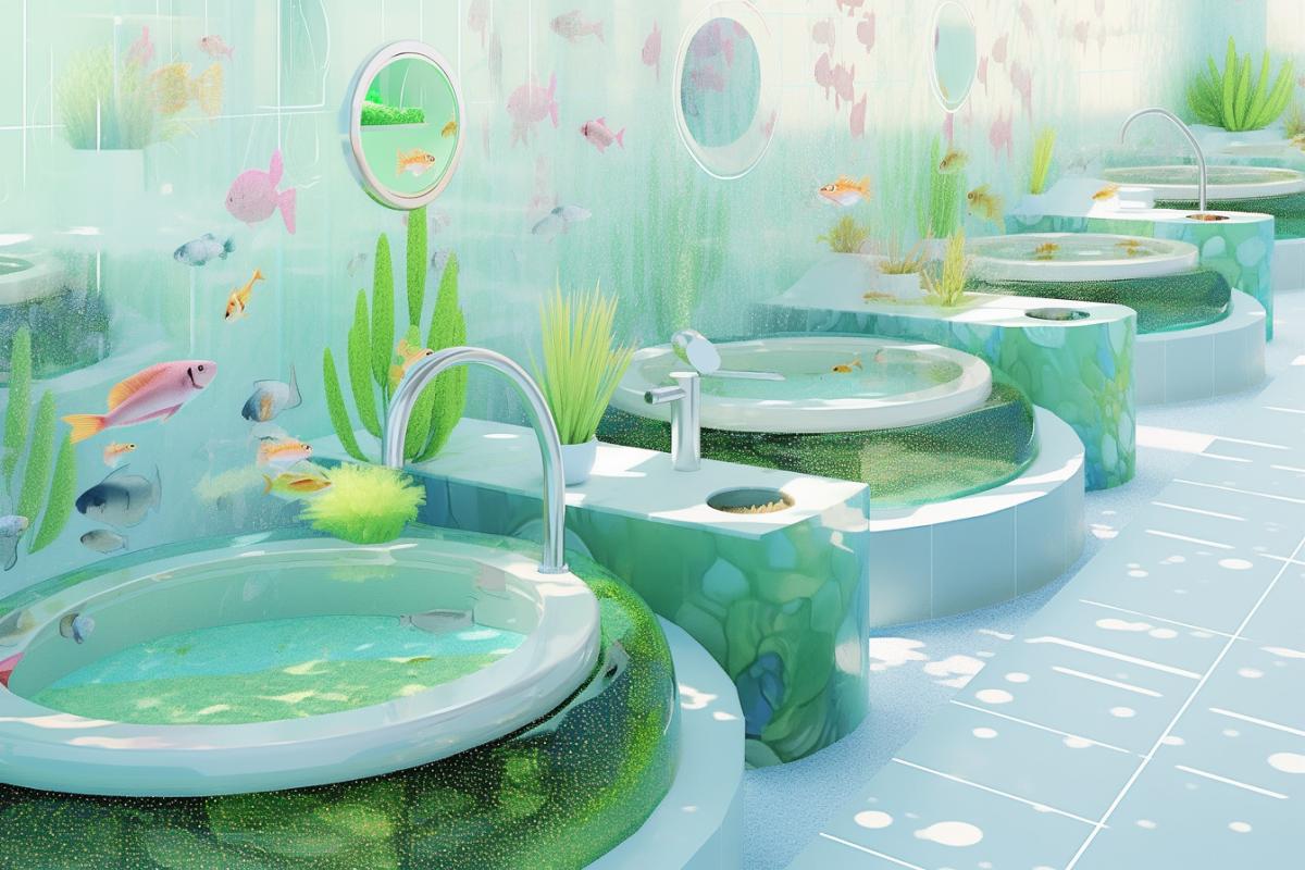 Transparent Bathroom Sink and a toilet in the form of air aquariums with small fish and algae, the walls and floor of the bathroom are covered with milky tiles with a pattern of air bubbles and starfish, urchins and octopuses