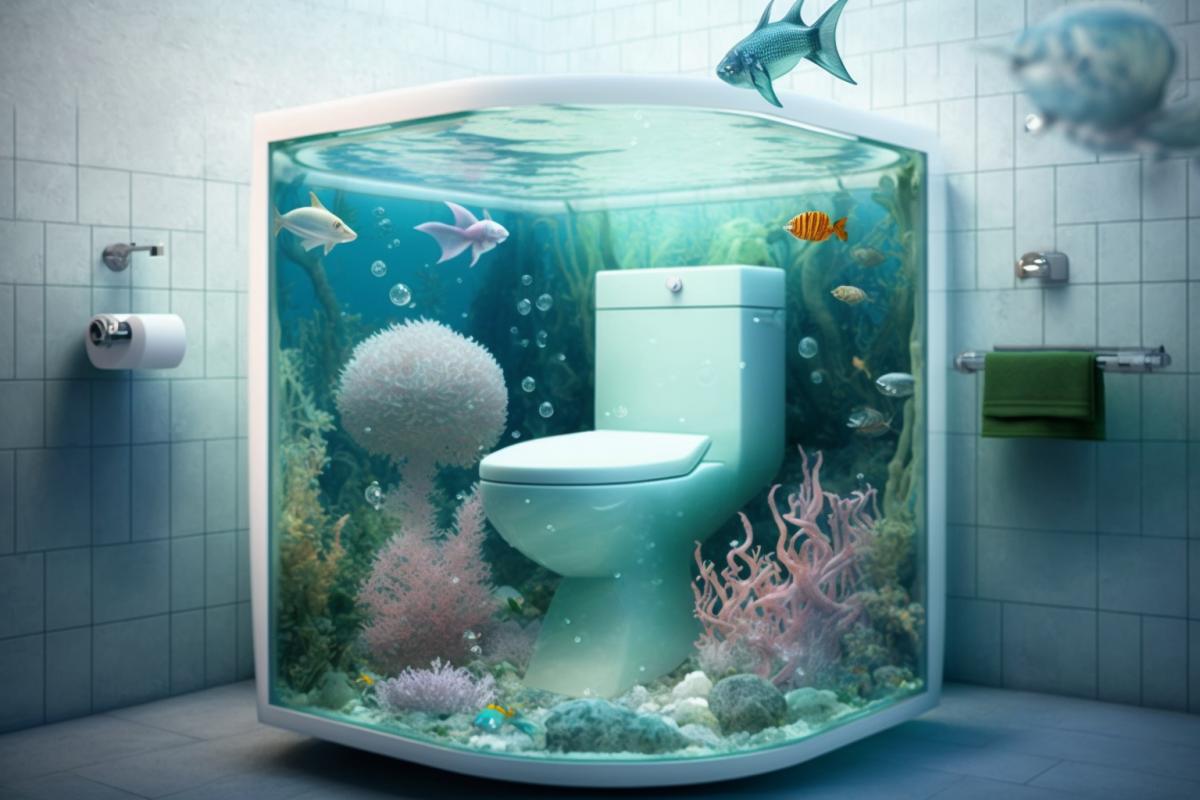 Transparent Bathroom Sink and a toilet in the form of air aquariums with small fish and algae, the walls and floor of the bathroom are covered with milky tiles with a pattern of air bubbles and starfish, urchins and octopuses