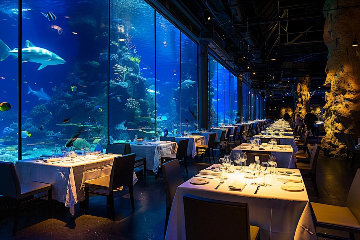 a cozy furnished room with glass walls and floors is located at the bottom of the ocean, behind the glass you can see the beautiful underwater world