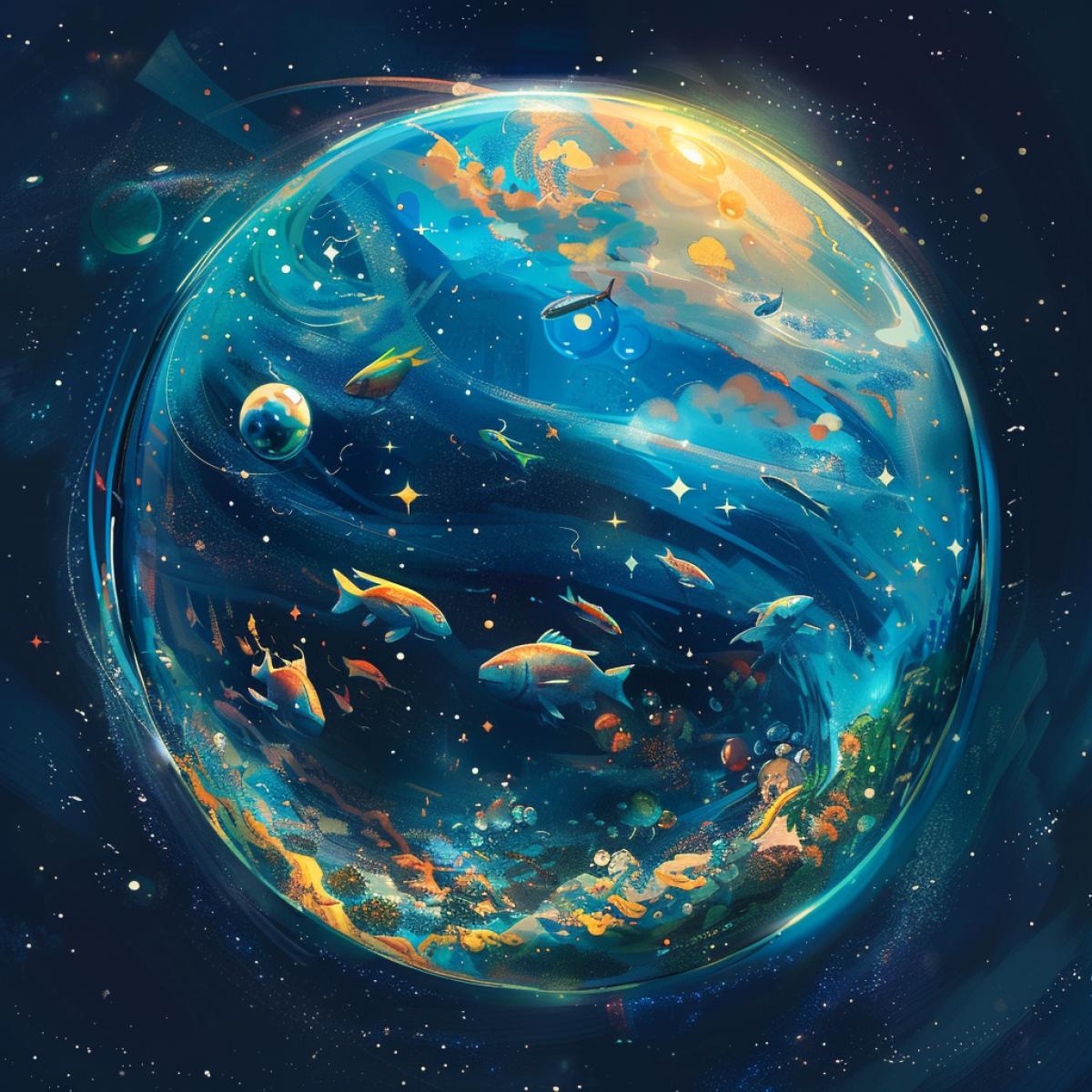 Aquarium Planet in a faraway Galaxy, Around the planet there are stars, constellations, cosmic wind
