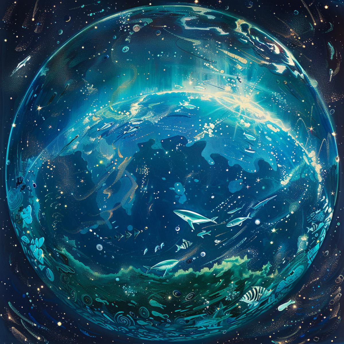 Aquarium Planet in a faraway Galaxy, Around the planet there are stars, constellations, cosmic wind