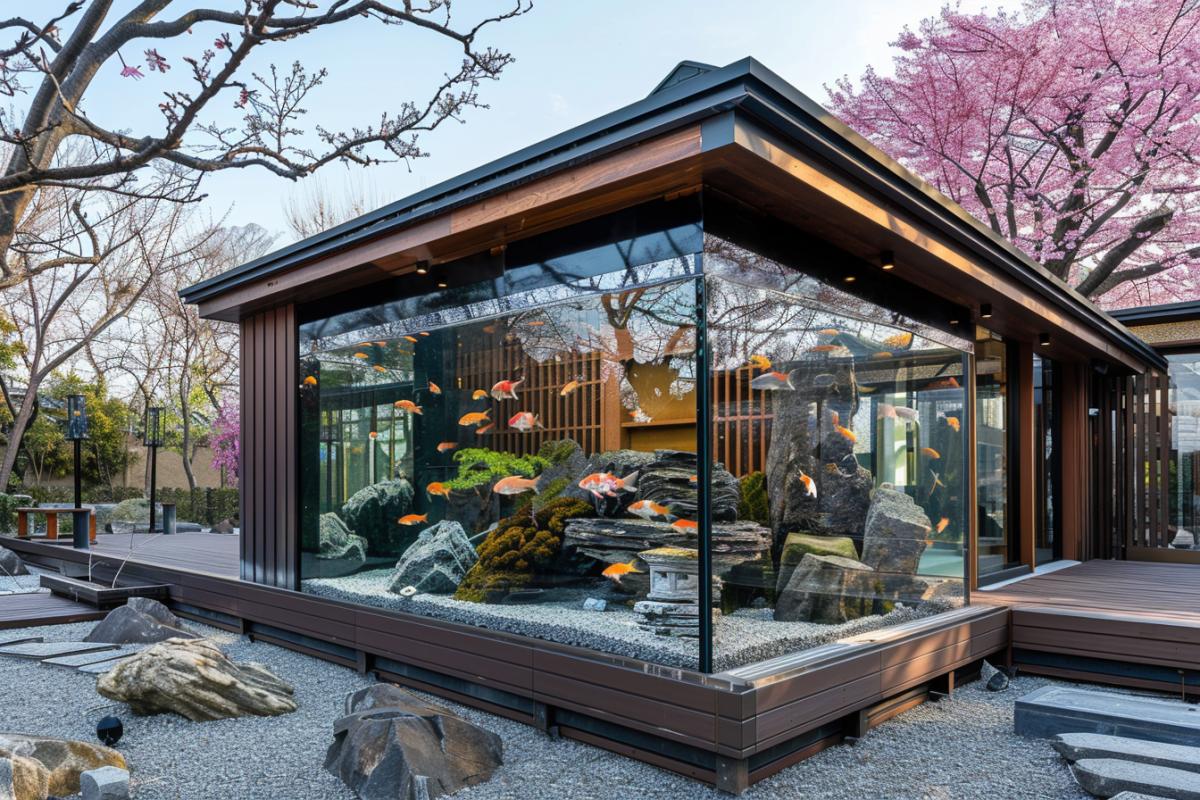 luxurious Japanese-style aquarium in a rock garden among cherry blossom trees