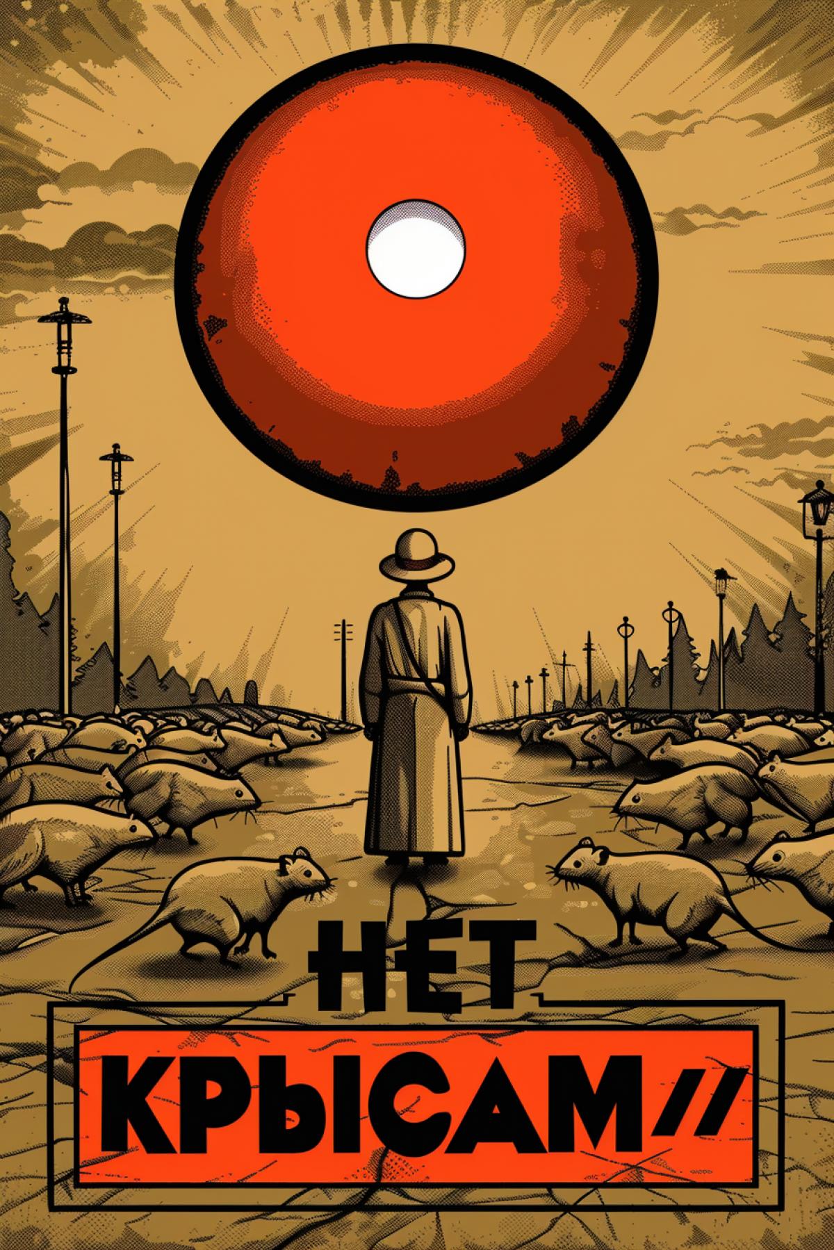Poster in the style of the USSR, rats, a lot of rats, the inscription \"HET KPblCAM\"